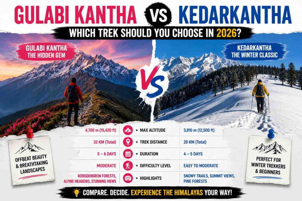 Gulabi Kantha vs Kedarkantha – Which Trek Should You Choose in 2026?